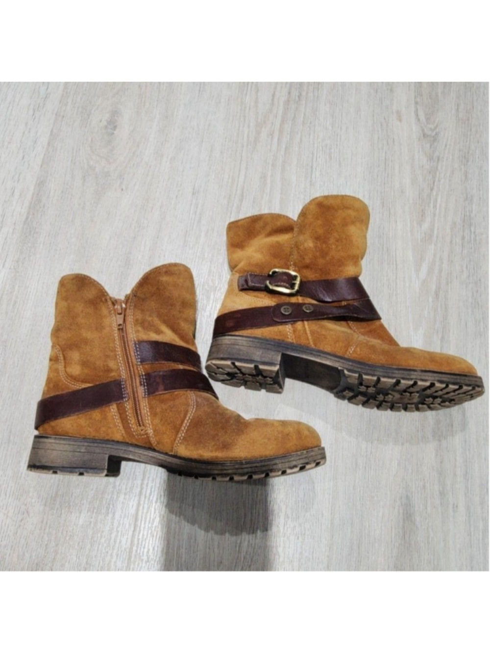 Biker Boots Womens 7 Brown Suede Faux Fur Lined Ankle Zip Buckle Winter Casual - Picture 6 of 9